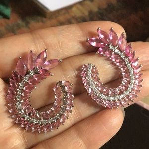 Sterling Silver Pink/White Topaz Marquise Earrings. 925